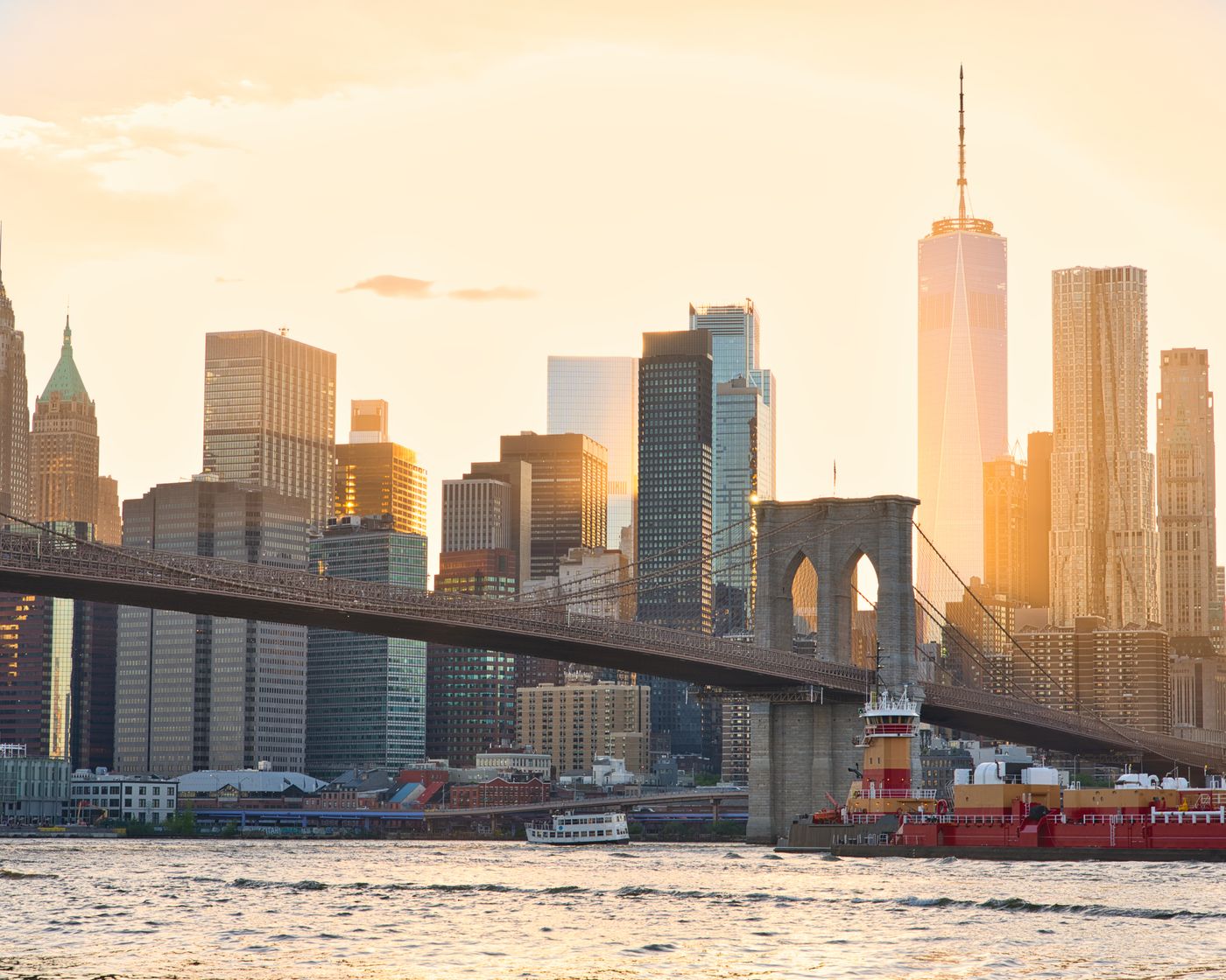 Brooklyn Bridge and Lower Manhattan at golden hour